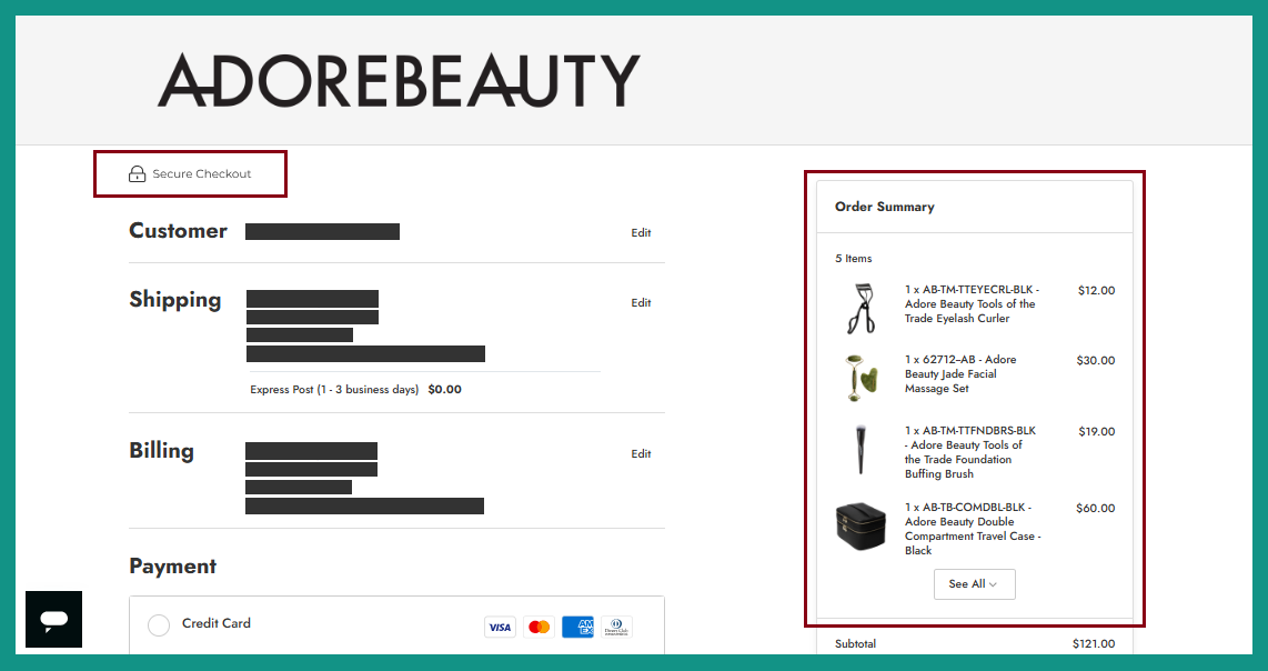 Adore Beauty website, specifically their checkout page emphasising their usage of security seal and product thumbnails