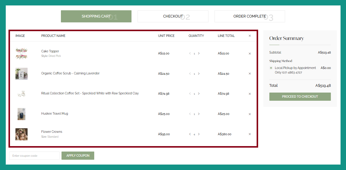 Wild Posy Co. website, specifically their checkout process emphasising their usage of cart editing