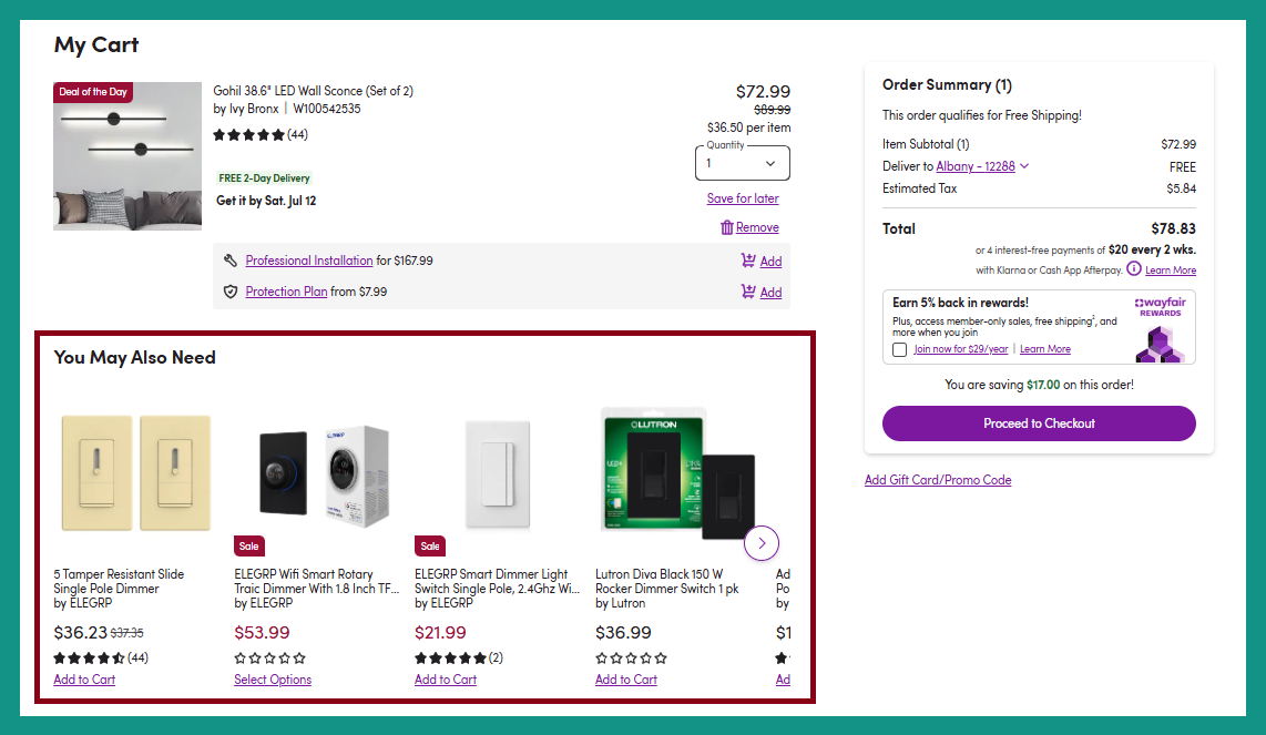 Wayfair website, specifically their cart/basket page emphasising their product recommendations