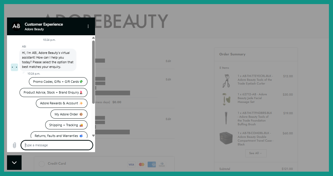 Adore Beauty website, specifically their checkout page emphasising their virtual assistant/live chat