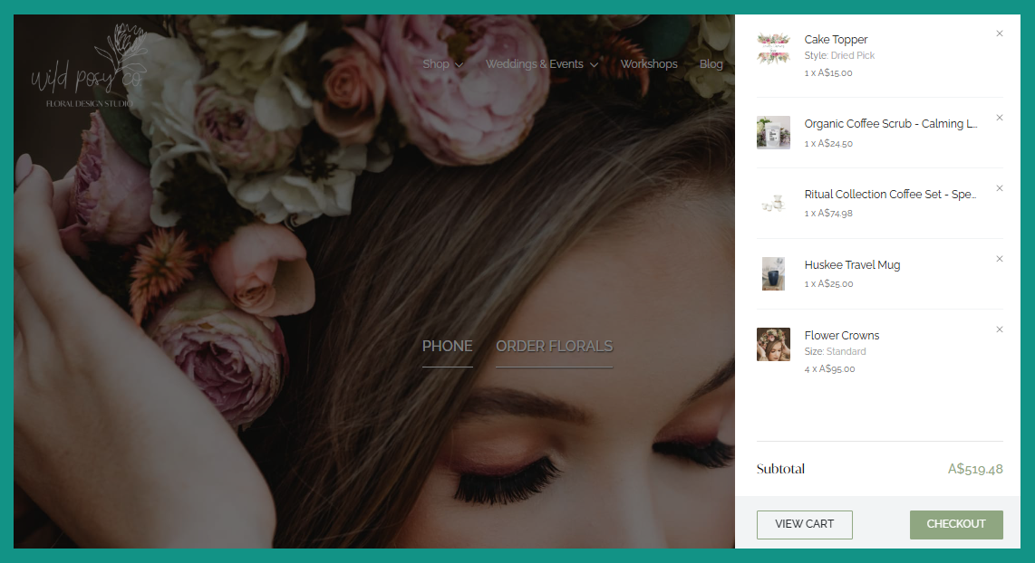 Wild Posy Co. website interface, boasting their usage of cart feature to store customers' desired items for later purchase