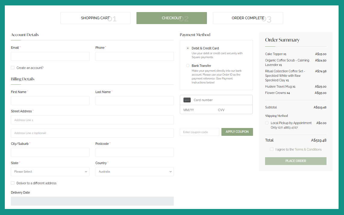 Wild Posy Co. website, specifically their checkout page on a desktop view