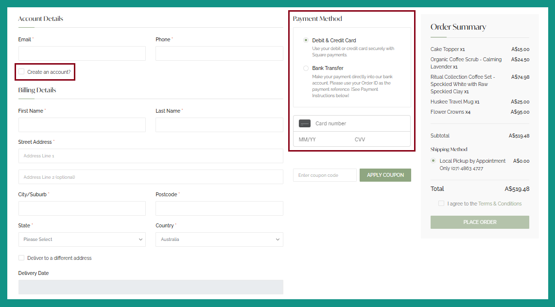 Wild Posy Co. website, specifically their checkout page emphasising their usage guest checkout and multiple payment methods such as bank transfer and debit or credit card