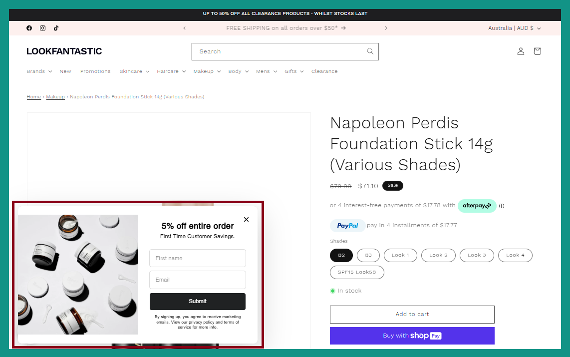 Lookfantastic website emphasising their usage of exit-intent popup