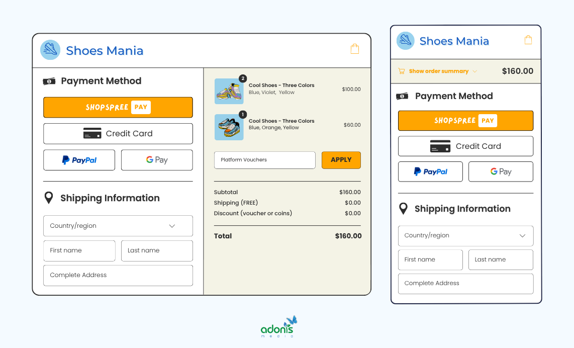 Two sample images created by Adonis Media to present the desktop and mobile view of a checkout page