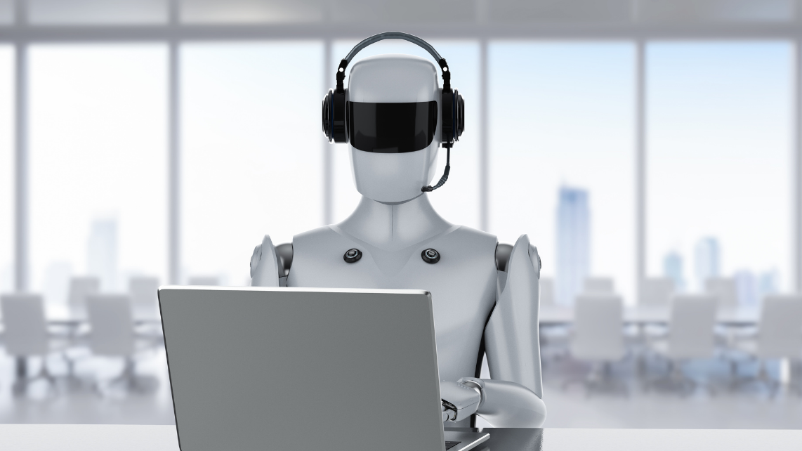 An artificial intelligence robot working with headset and laptop