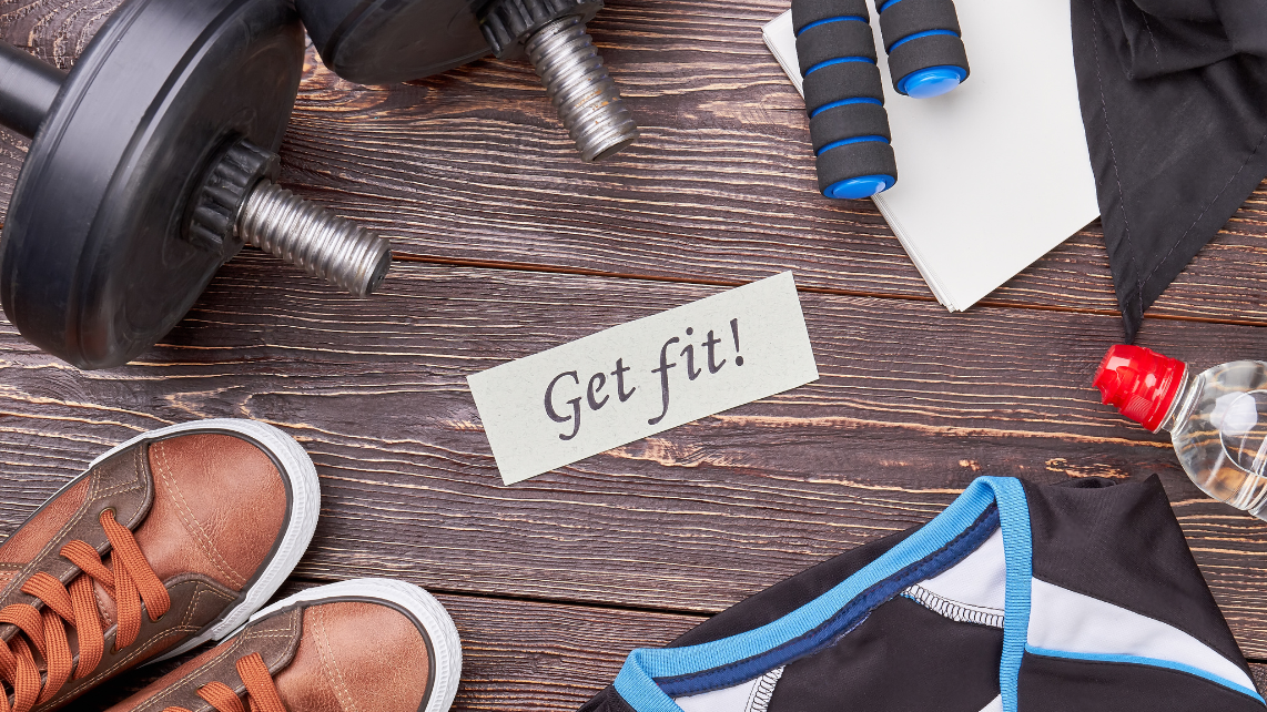 Accessories and sportwear for sport people, while in the middle there is a tape with the phrase 
