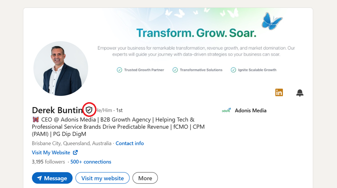 LinkedIn Verification Badge example, from Adonis Media's CEO Derek Buntin