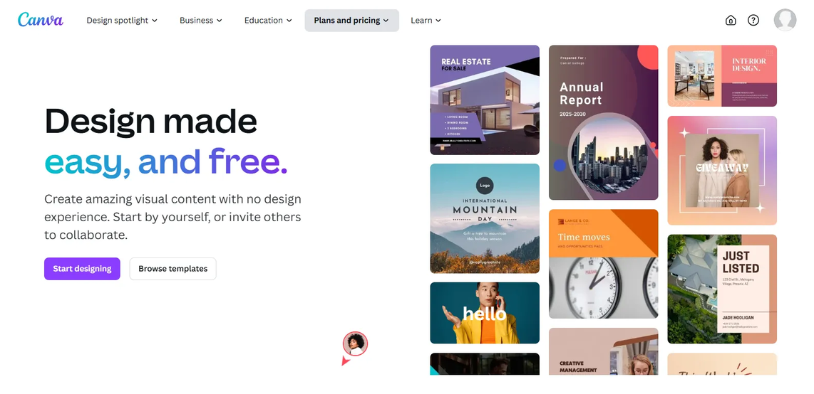 A screenshot from the Canva (canva.com) website as an example for their successful brand awareness campaign through offering free yet very useful graphic design tool