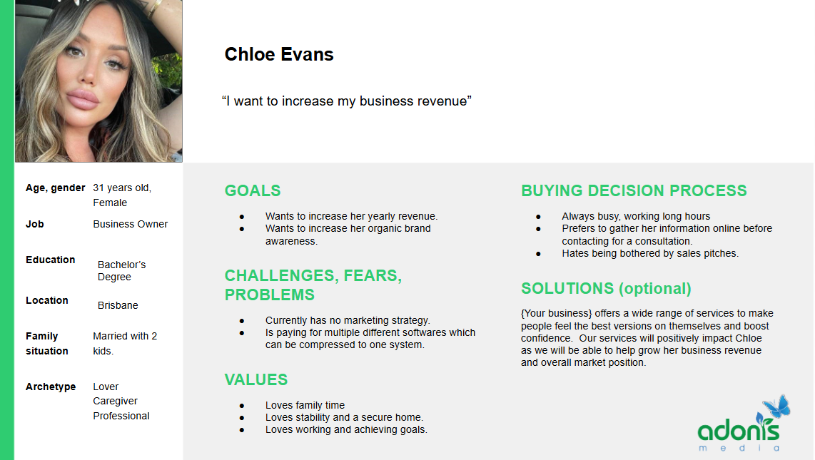 Adonis Media Buyer Persona Template with inputs as an example