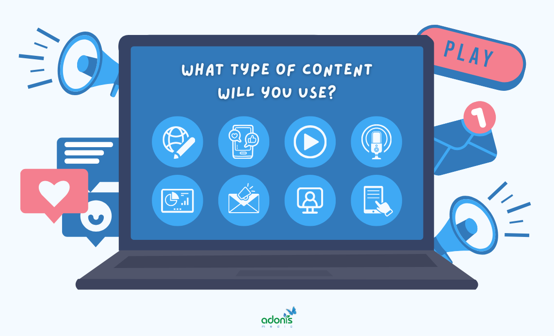 An image of a laptop with the different forms of content marketing and with the question 