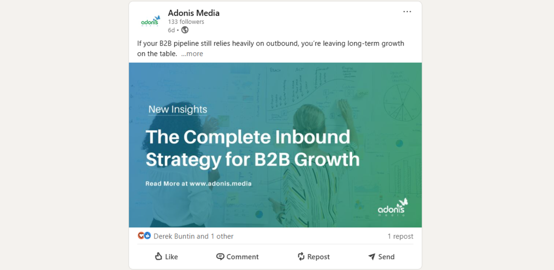A blog post of Adonis Media about inbound strategy for B2B growth repurposed as a LinkedIn post for brand awareness