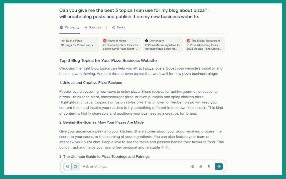 Perplexity AI being used to generate blog topics about pizza