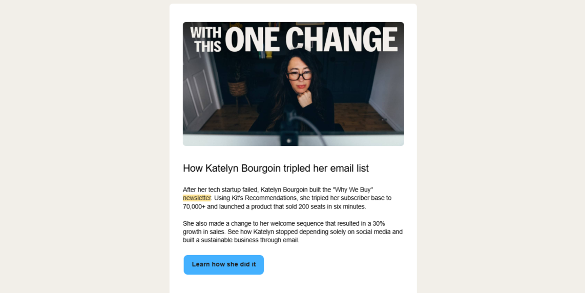 A newsletter from Kit about Katelyn Bourgoin tripling her email list