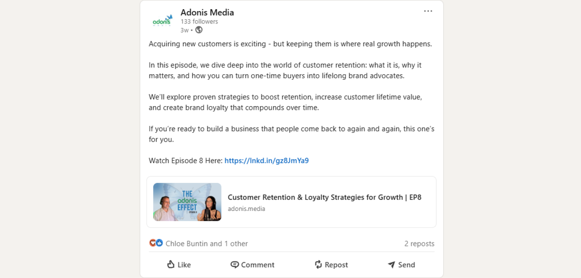 A social media post of Adonis Media regarding their podcast, or The Adonis Effect