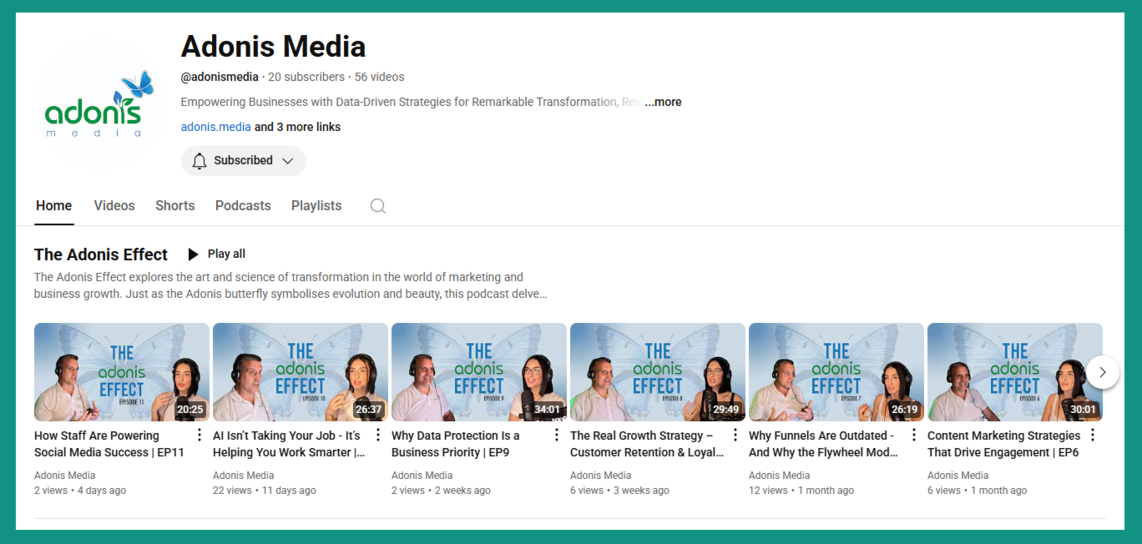 Adonis Media YouTube channel with their podcast videos