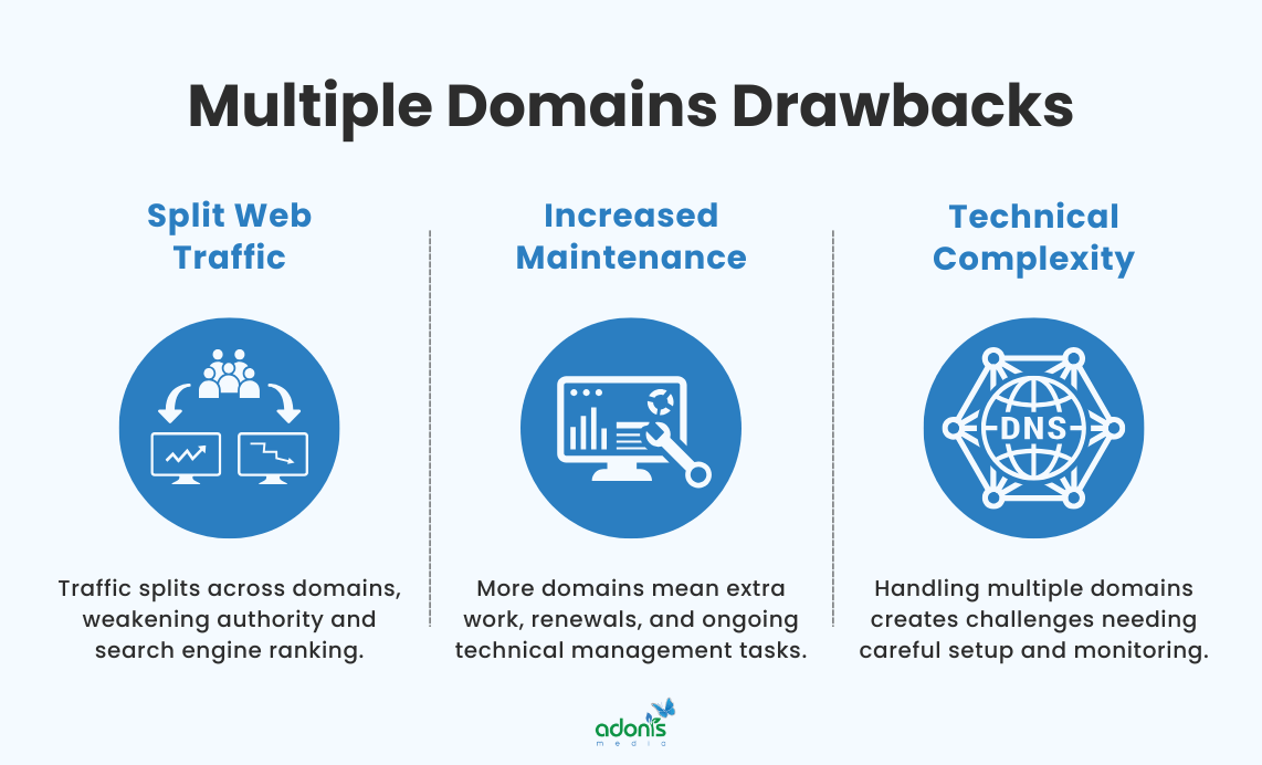 Multiple domain three drawbacks: (1) split web traffic, (2) increased maintenance, and (3) technical complexity