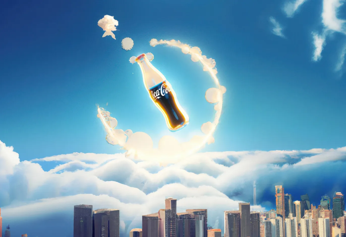 An AI-generated image of Coca-Cola floating in a cosy sky
