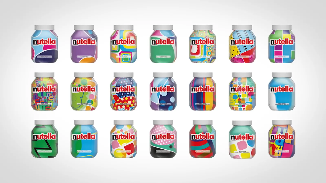 An image containing Nutella bottles with different designs which are AI-generated