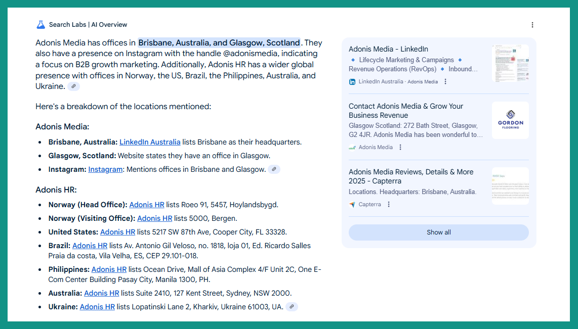 Adonis Media in Google's AI Overview from the query 
