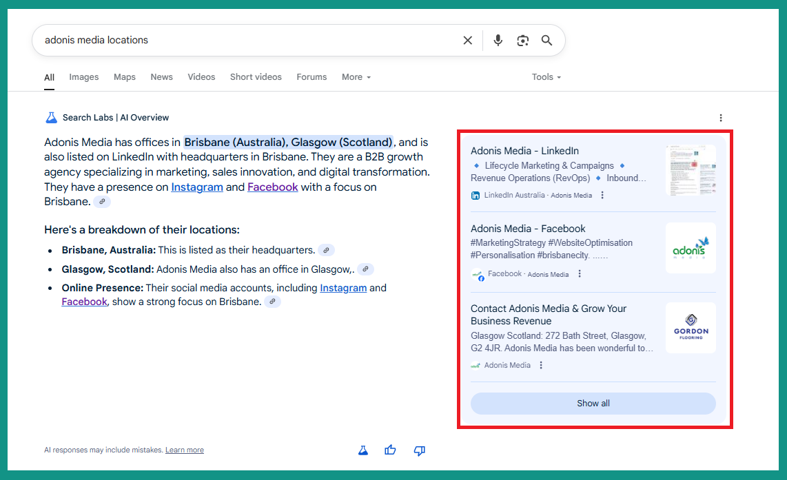 Adonis Media in Google' AI Overview from the query 