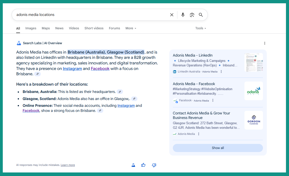 Adonis Media in Google's AI Overview from the query 