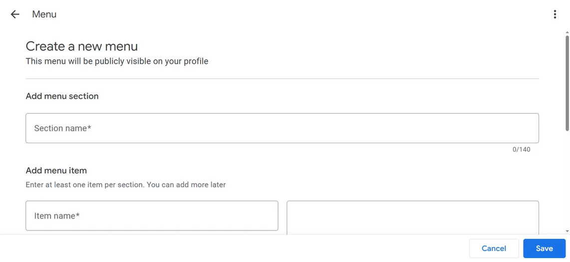 Adding menu through full menu option, filling out required sections