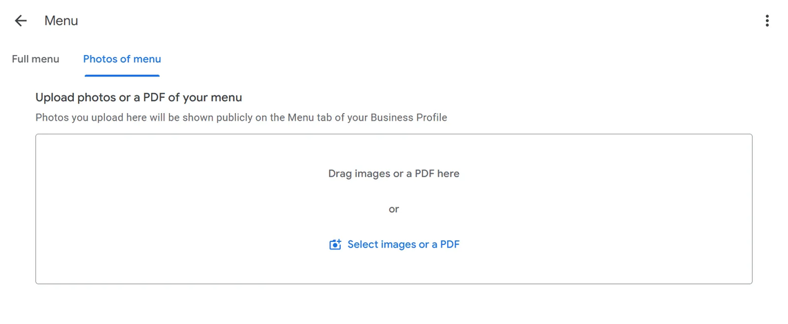 Adding menu through Photos of menu option, uploading a photo or PDF of your menu