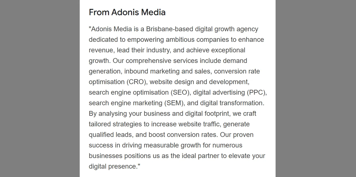 Adonis Media GBP business description in search results