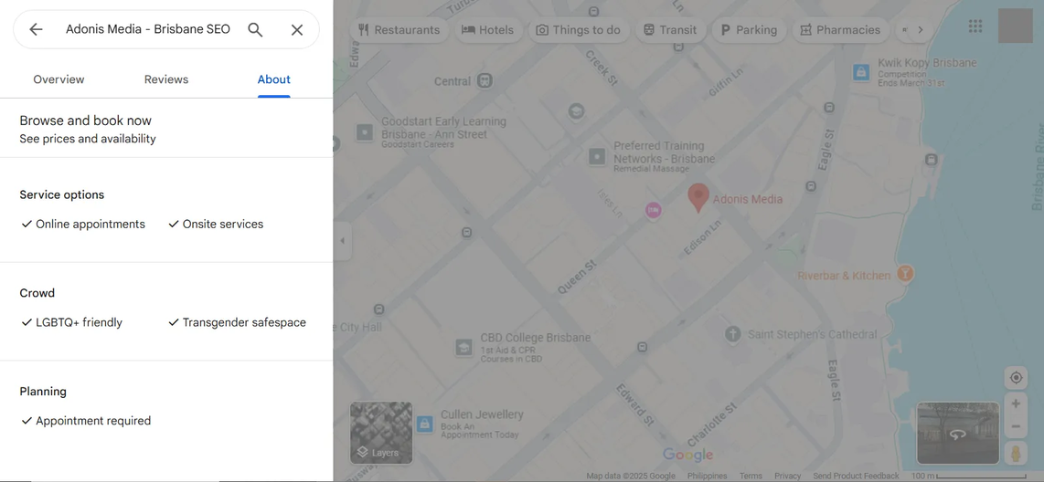 Adonis Media attributes and features in Google Maps