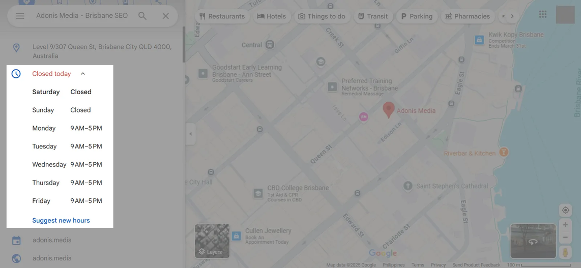 Adonis Media GBP business hours in Google Maps