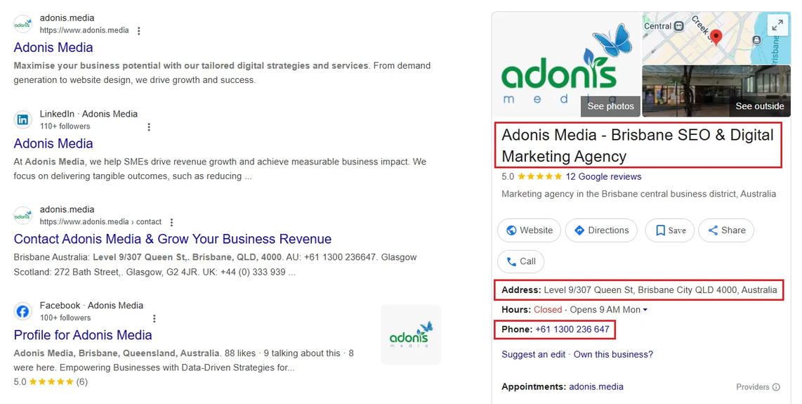 Adonis Media GBP NAP in search results