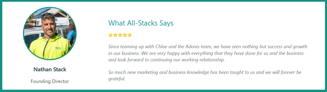Example of social proof—an Adonis Media client testimony
