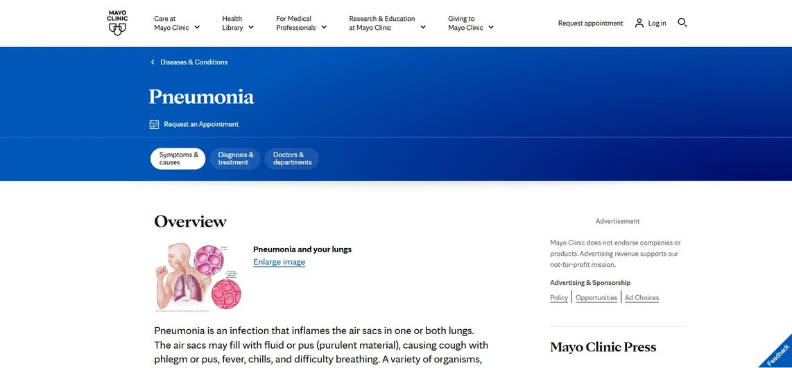 YMYL content example (Mayo Clinic website and their article about Pneumonia)