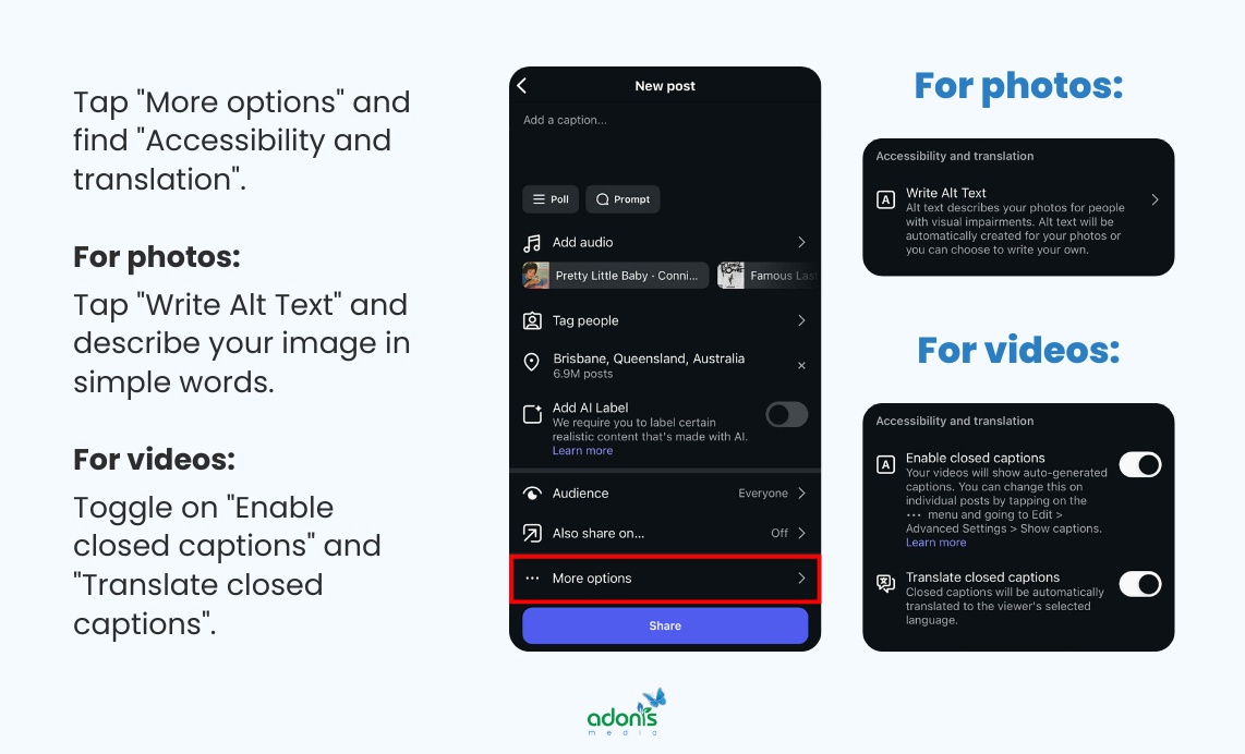 Adding alt texts and closed captions to Instagram post: (1) Tap 