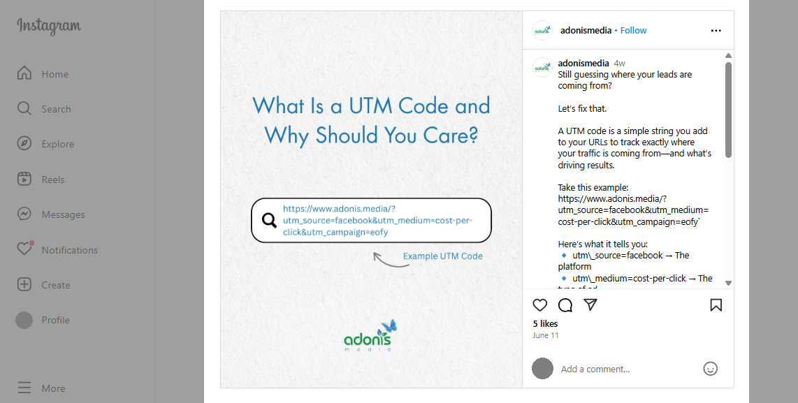 Instagram post of Adonis Media on Instagram when clicked on Google search results or Google Images