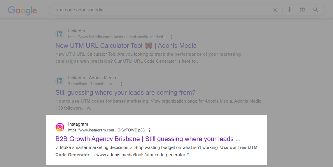 Instagram post of Adonis Media on Google search result as an example