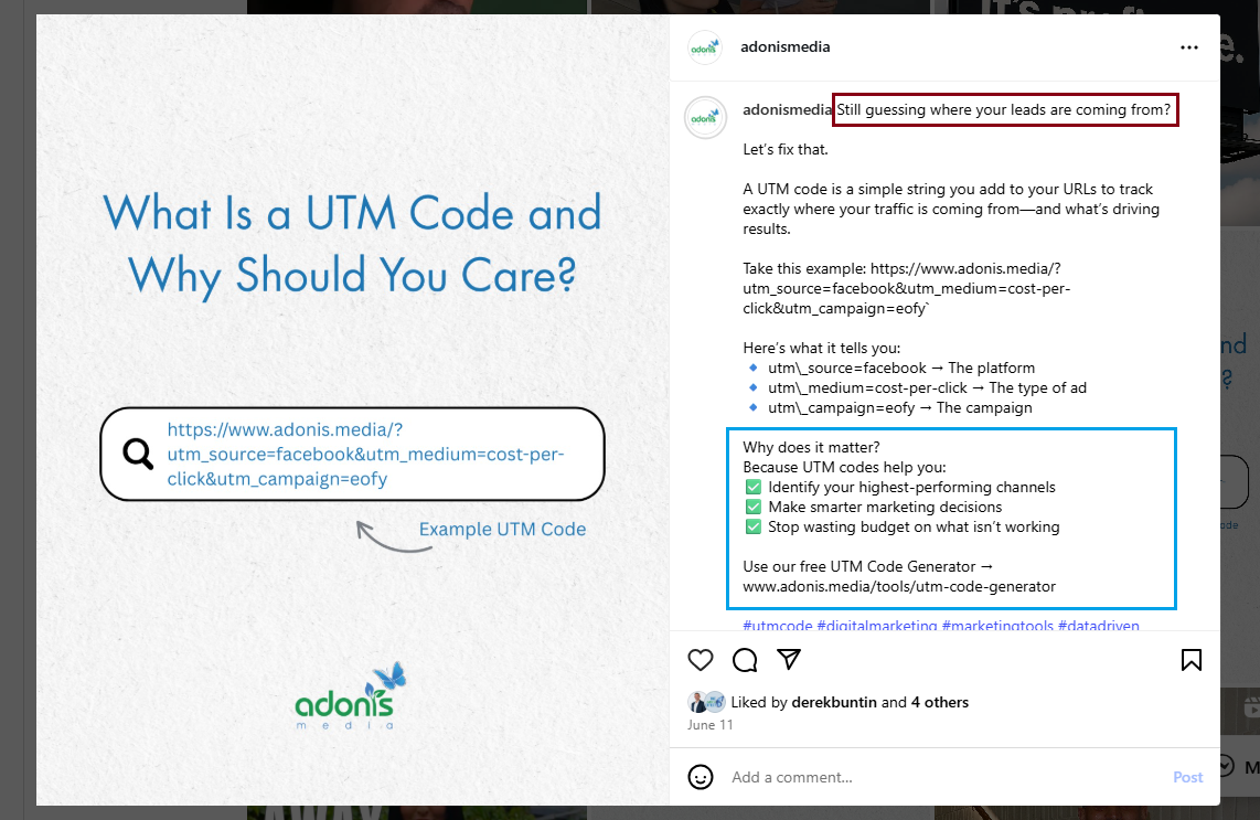 Instagram post of Adonis Media clicked from the Google search results, emphasising the part where the title tag and the meta description came from