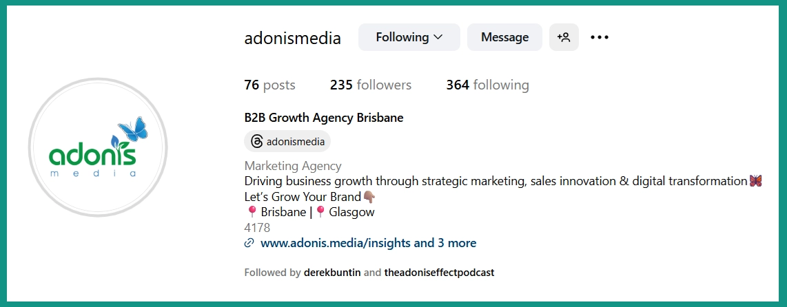 Adonis Media Instagram profile to show what an optimised profile is