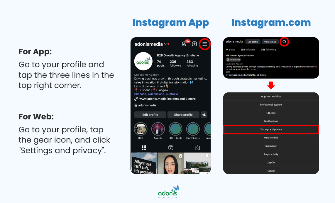 How to toggle off indexing on settings first image: (1) For those who use the app, go to your profile then tap the three lines in the top right corner, and (2) for those who use the web, go to your profile, tap the gear icon, and click 