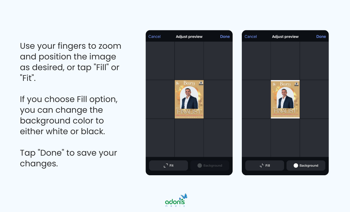 Adjusting the grid preview of a post: choose either fit or fill the preview, click 