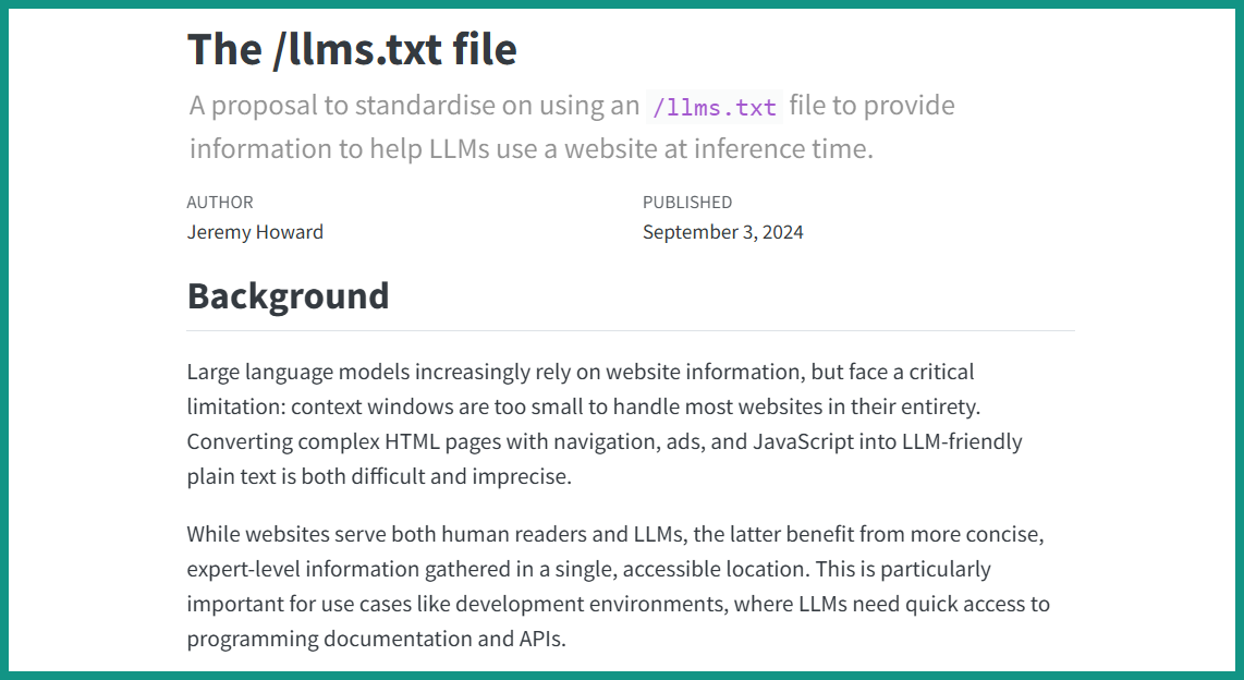 A screenshot of the proposed standard by Jeremy Howard, directly from llmstxt.org