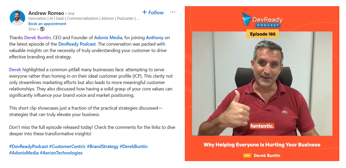 Adonis Media and Derek Buntin being mentioned on a LinkedIn post for participating in a podcast on DevReady