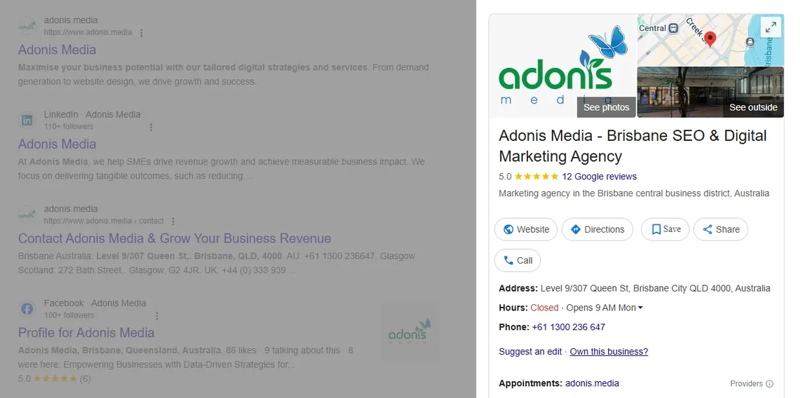 Adonis Media's Google Business Profile listing as a business directory