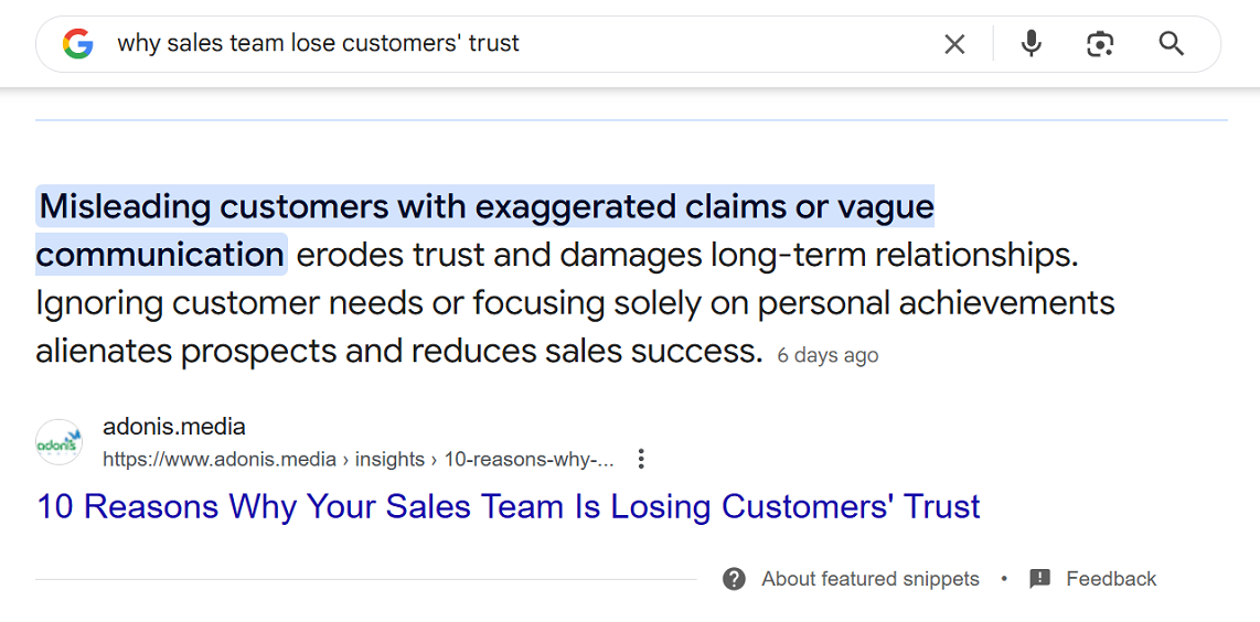 A featured snippet of Adonis Media's blog article using the long-tail keyword 