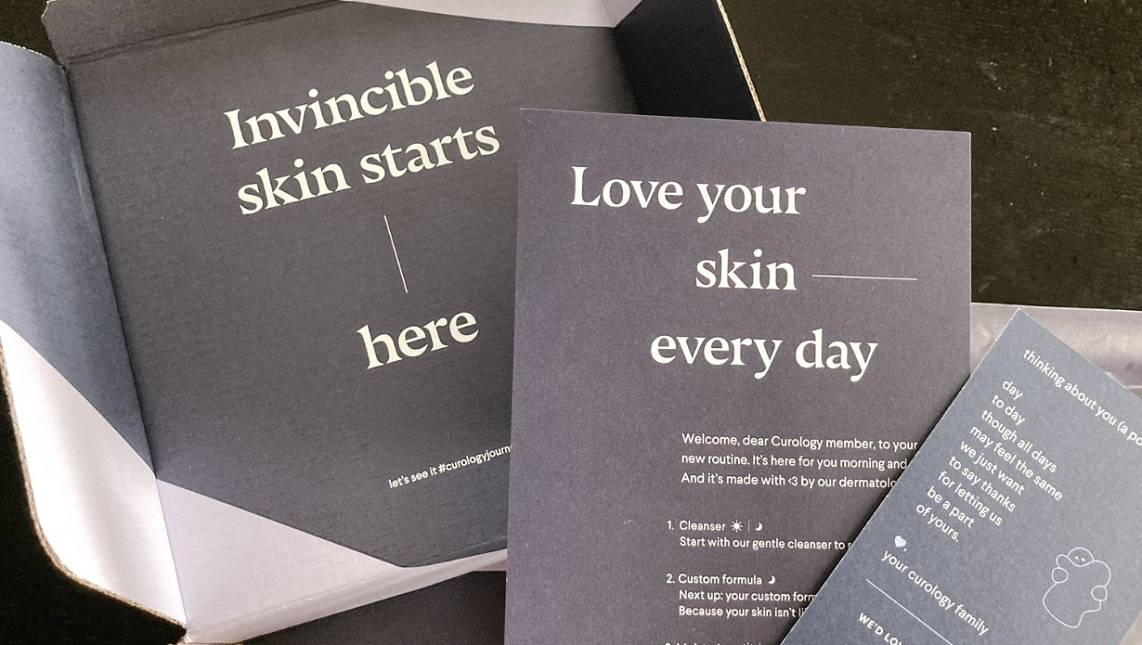 Curology packaging with instructional guide about the product