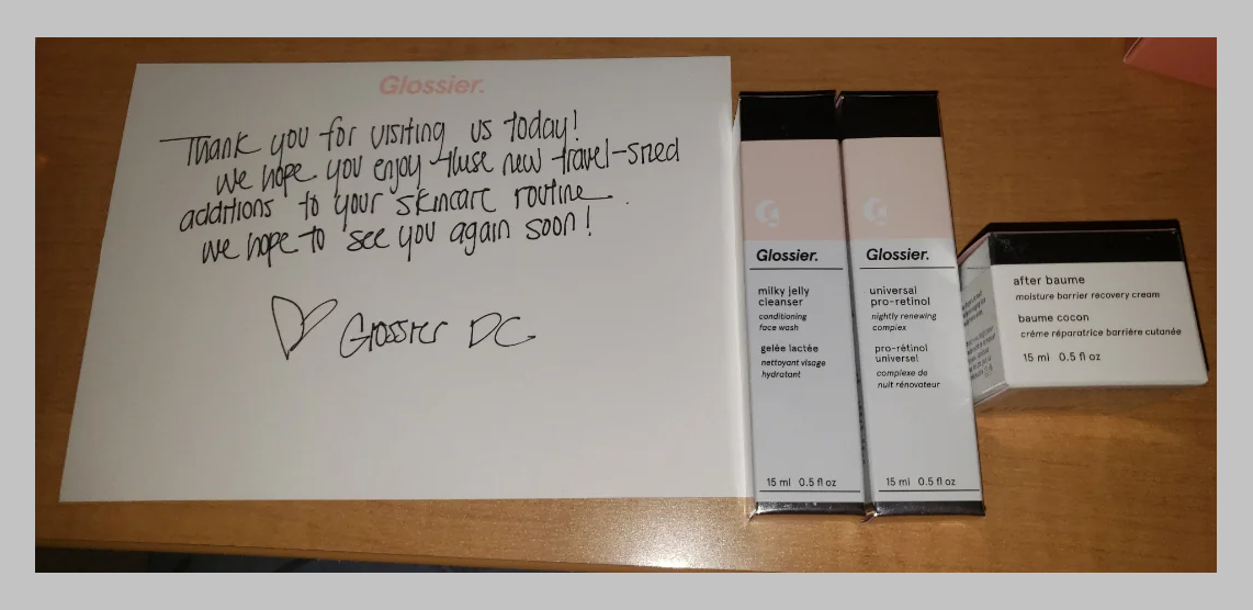Glossier products received by a customer with a personalised thank-you note