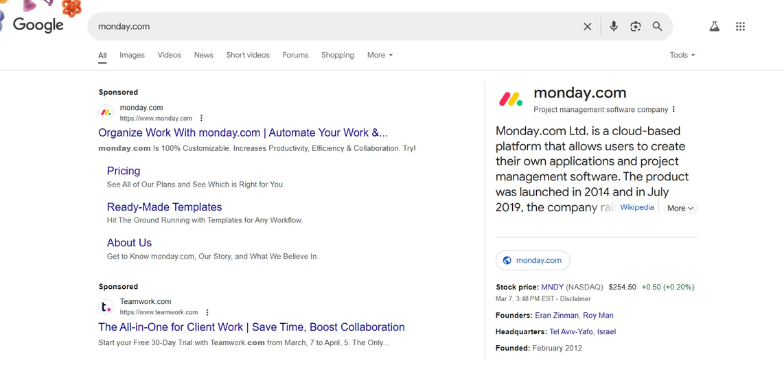 Example of search ads