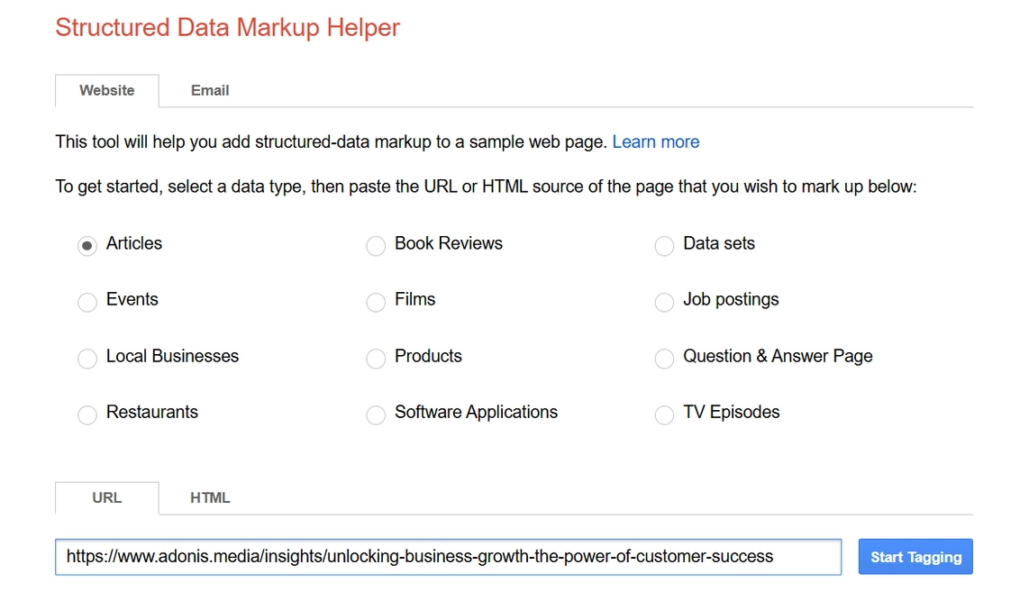 Structured Data Markup Helper Enter Page, with 'Article' as data type and URL pasted