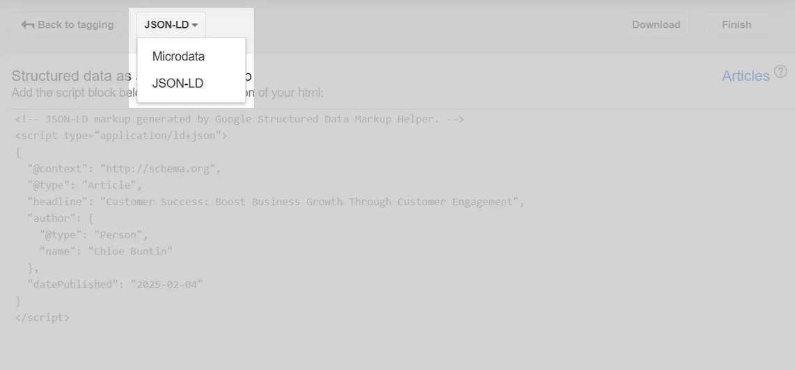 Clicking the drop-down to choose format between JSON-LD and Microdata